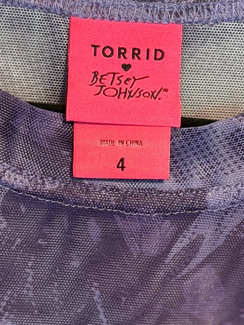 Torrid x Betsy Johnson Purple Printed Mesh Cropped Long-Sleeve Top - NWOT - Picture 4 of 5